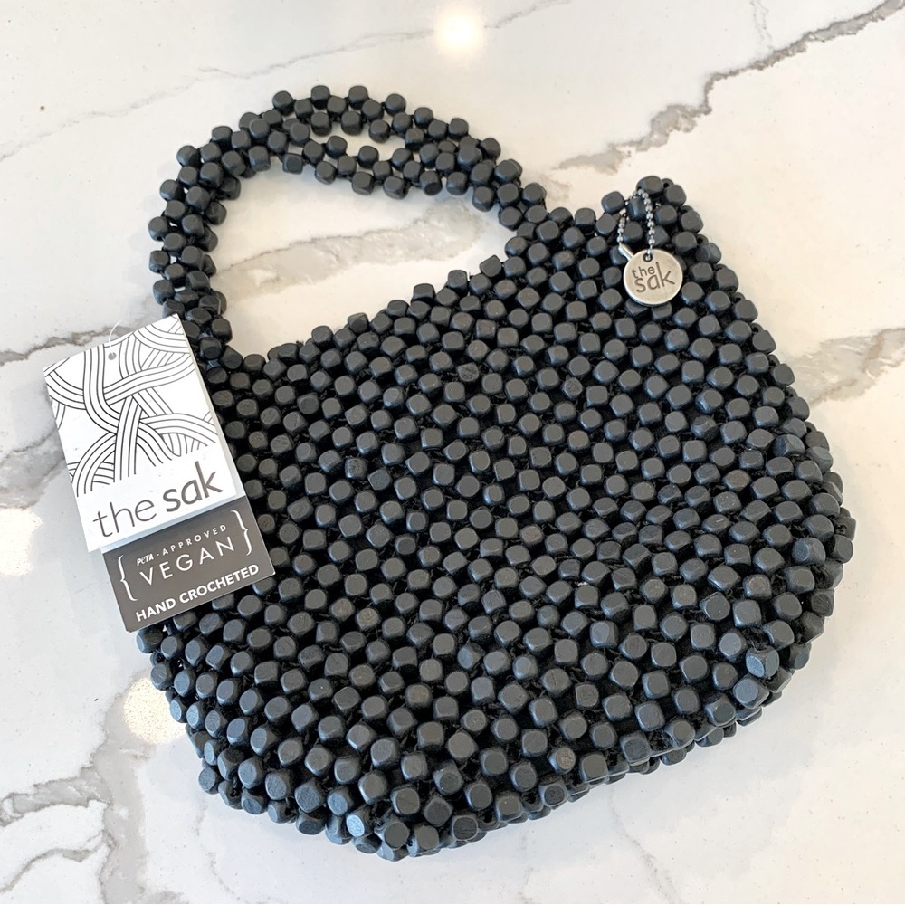 The Sak Black Sustainable Wood Beaded Mini Bucket Tote Bag